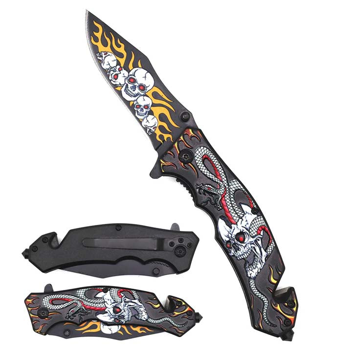 8" Foldable Pocket Knife Yellow/Red Snake, Skull Handle