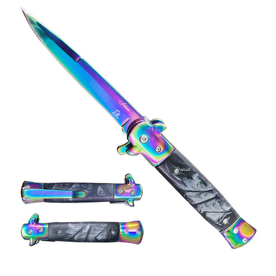 Falcon 9" Spring Assisted Stiletto Knife w/ faux Black Marble Acrylic handle.