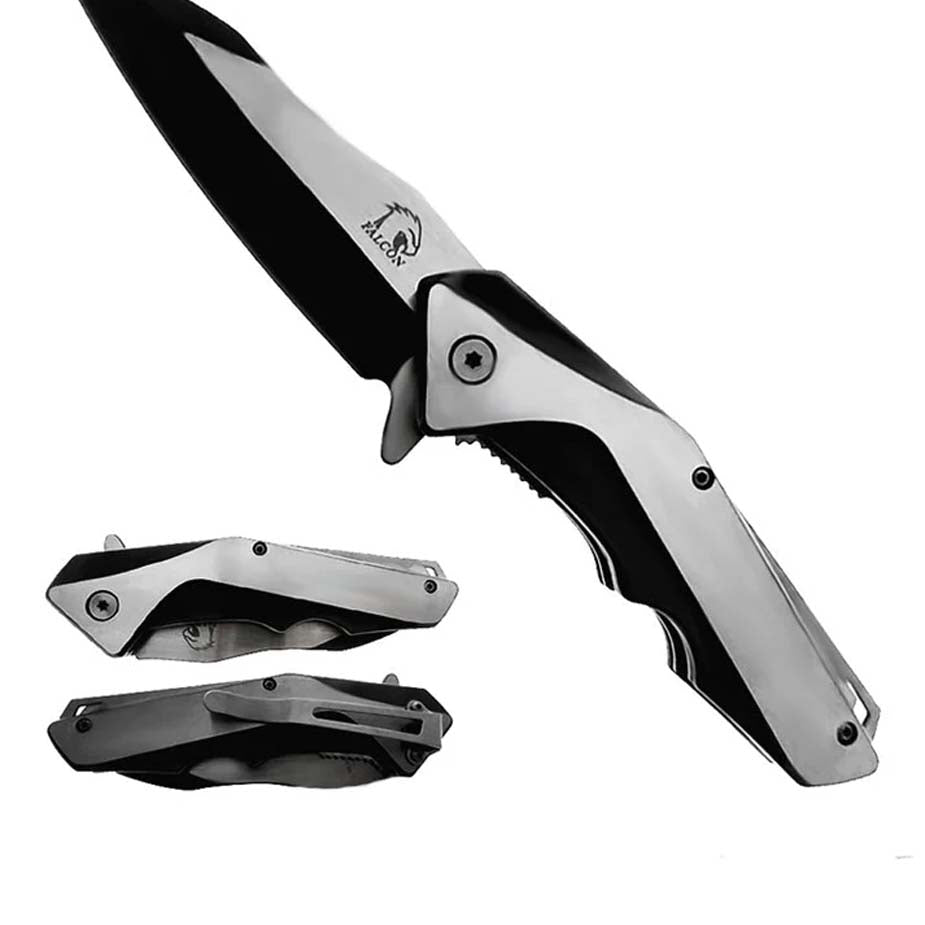 Falcon 8" Black and Silver Spring Assisted Pocket Knife