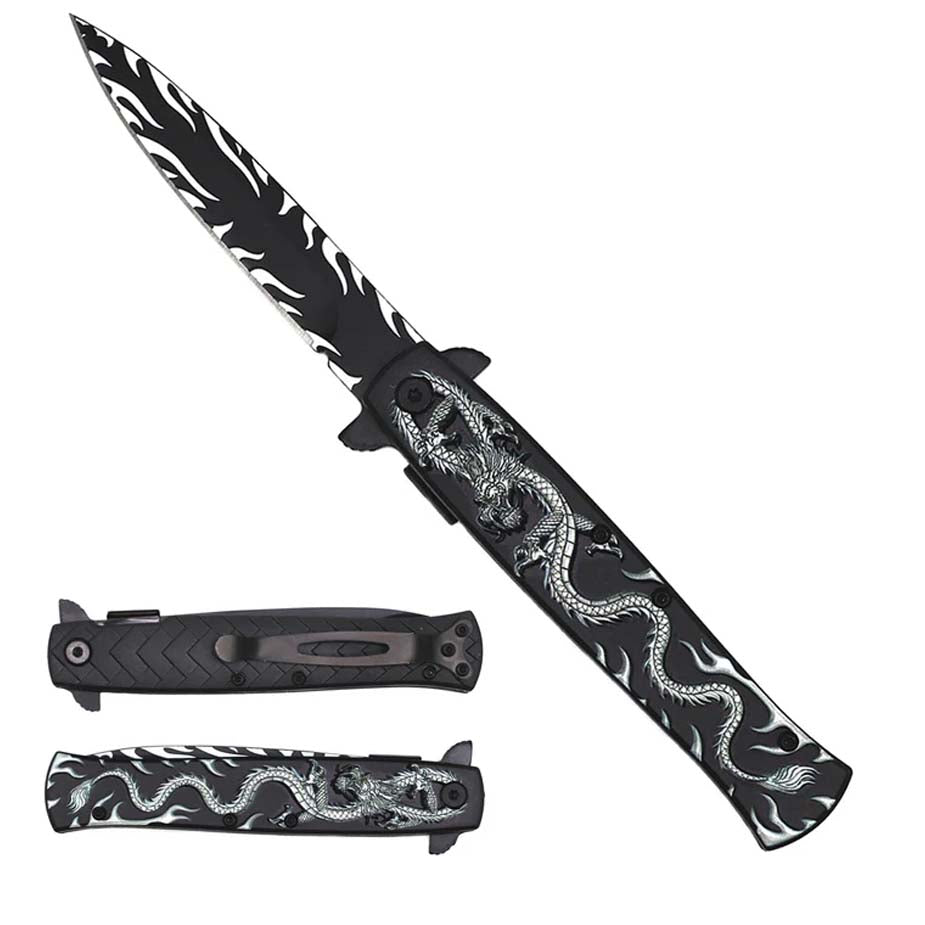 8" Spring Assisted Pocket Knife Silver Dragon Handle