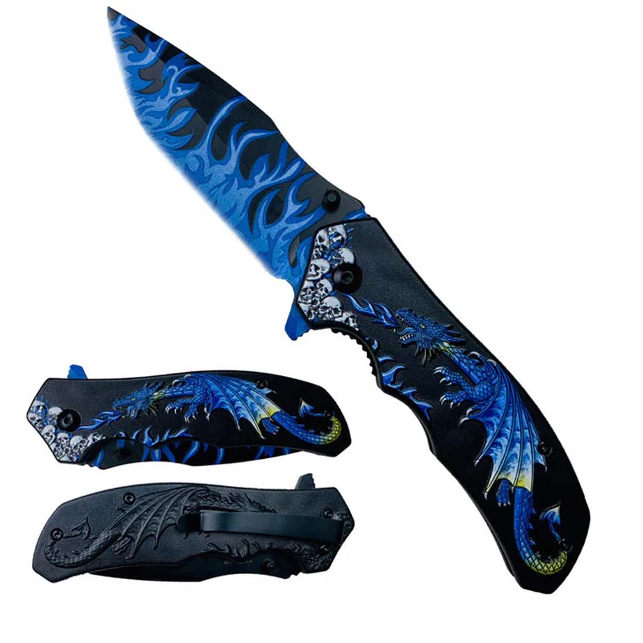 Falcon 8.25" Spring Assisted Knife Blue Dragon Blue Flames