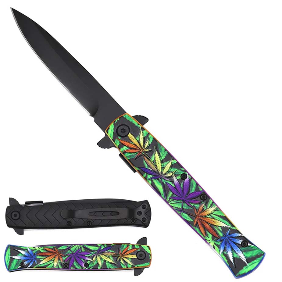8" Spring  Pocket Knife Marijuana Handle