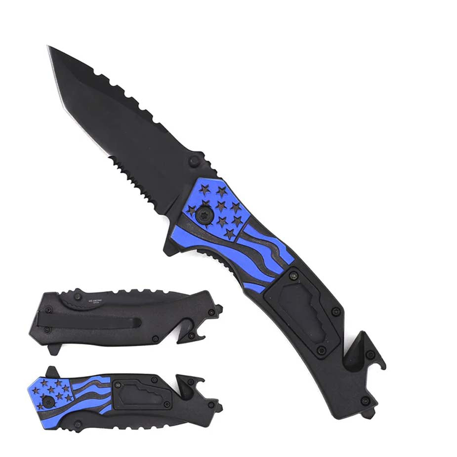 8" Blue American Flag Spring Assisted Pocket Knife