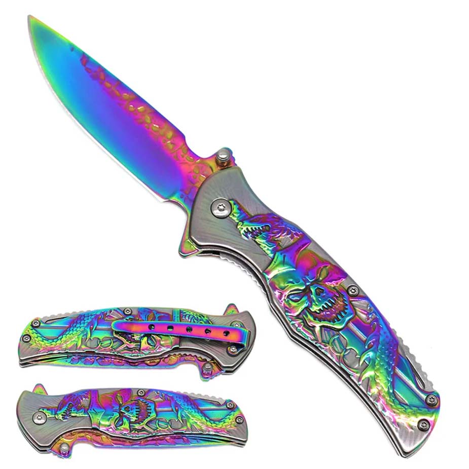 4.75" Skull Blade / Rainbow Blue Stainless Steel Handle