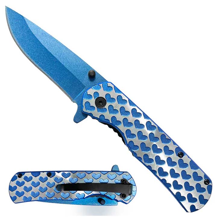 9" Spring Assisted Pocket Knife Blue Hearts