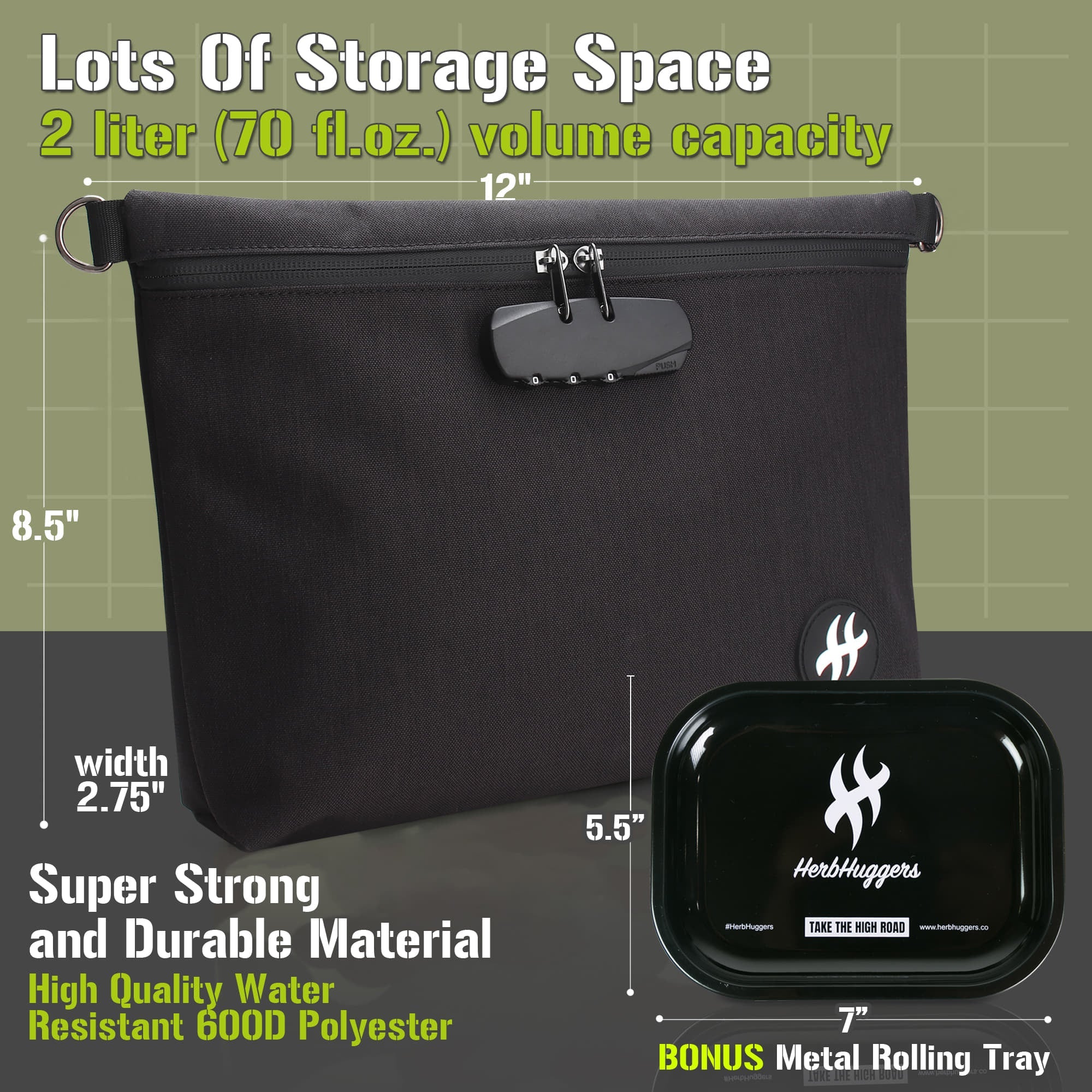 Herbhuggers | Smell Proof Bag with Combination Lock + Metal Rolling Tray