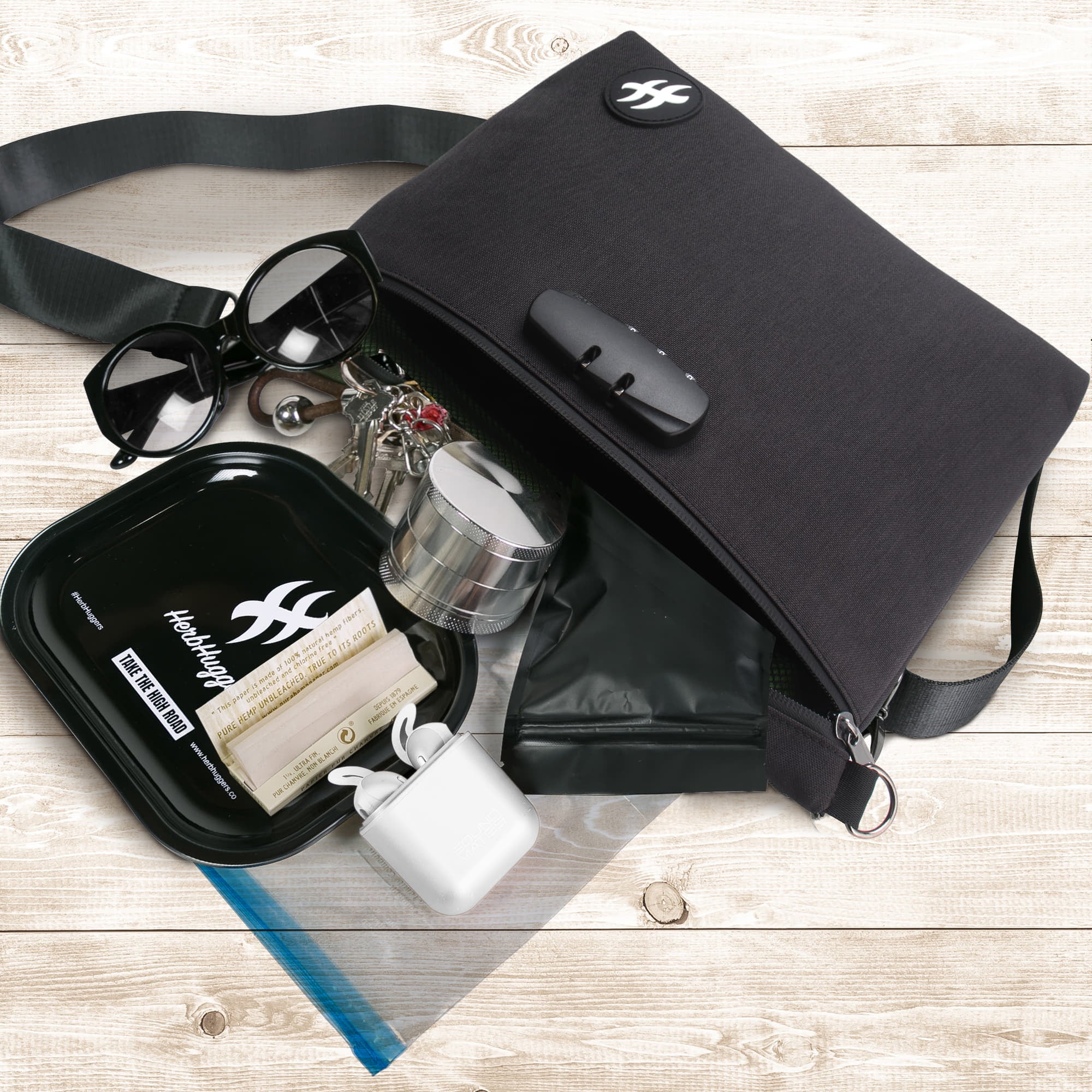Herbhuggers | Smell Proof Bag with Combination Lock + Metal Rolling Tray