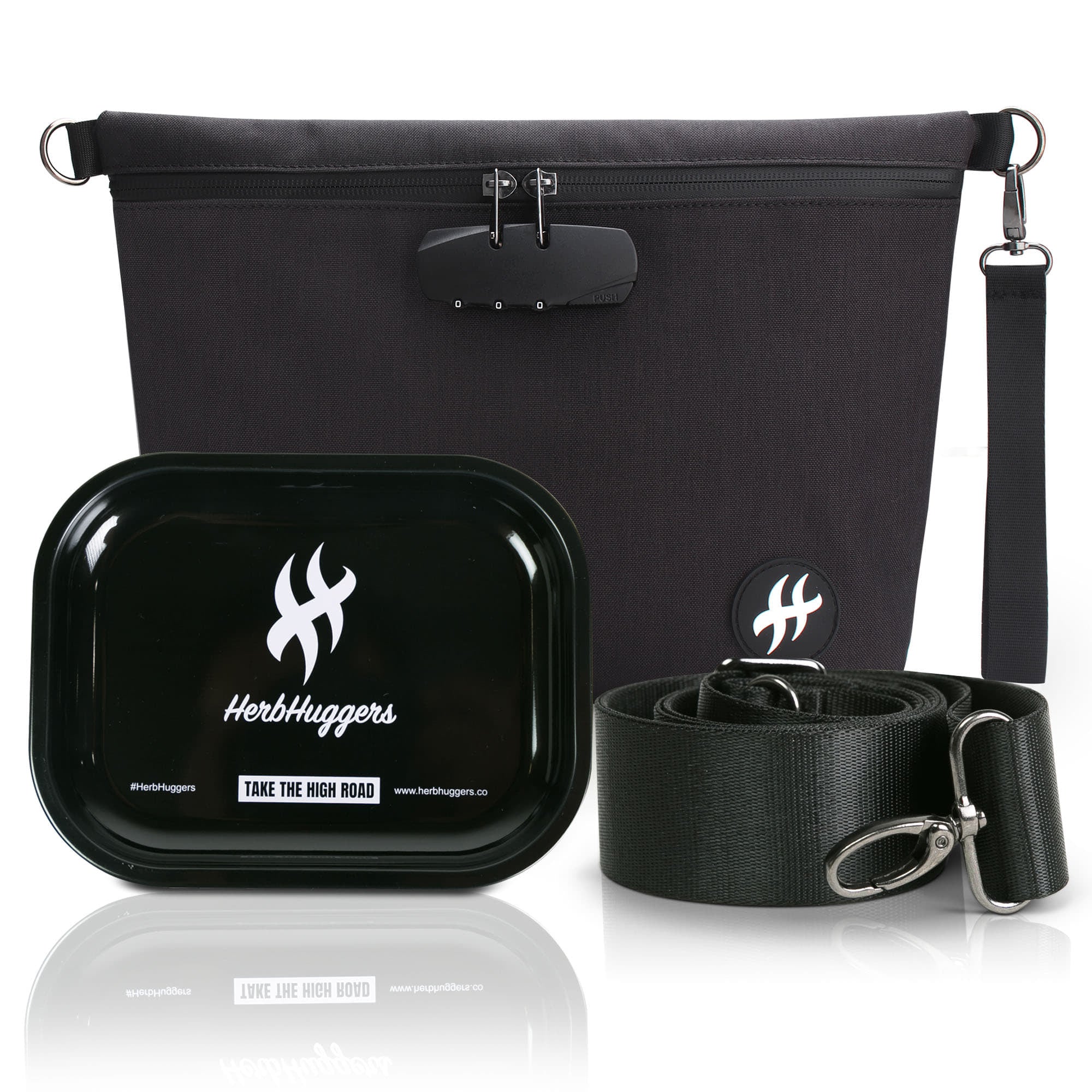 Herbhuggers | Smell Proof Bag with Combination Lock + Metal Rolling Tray