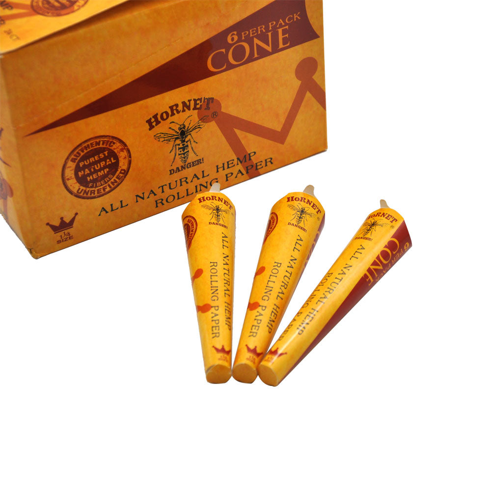 HORNET | 1-1/4 Size Natural Pre-Rolled Paper Cones 6 x 24CT
