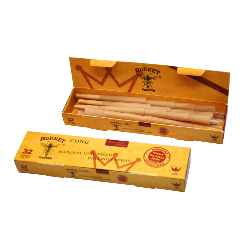 HORNET | Natural Unrefined 1-1/4 Size Pre Rolled Paper Cones Smoking 32 Pack Cone
