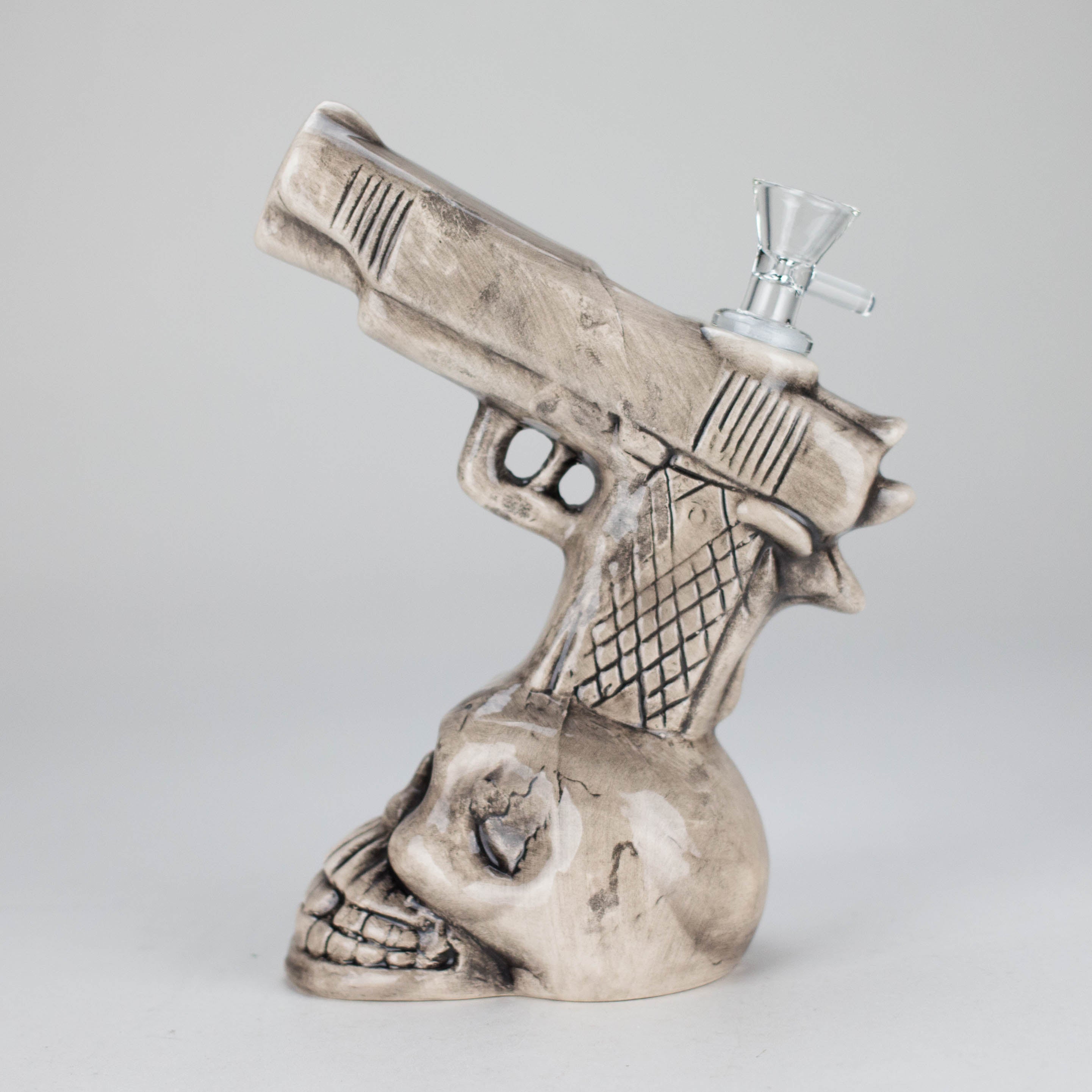 8" Skull Gun Ceramic Bong – Dark Art-Inspired Smoking Piece [ES090WP]