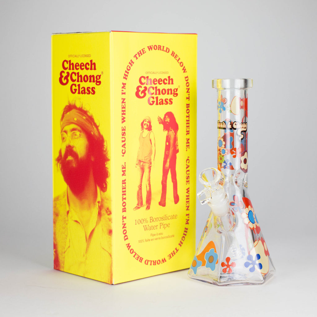 Cheech & Chong® Glass | 10" Tall Clear Power To The Flower Hex Beaker Base Water Pipe