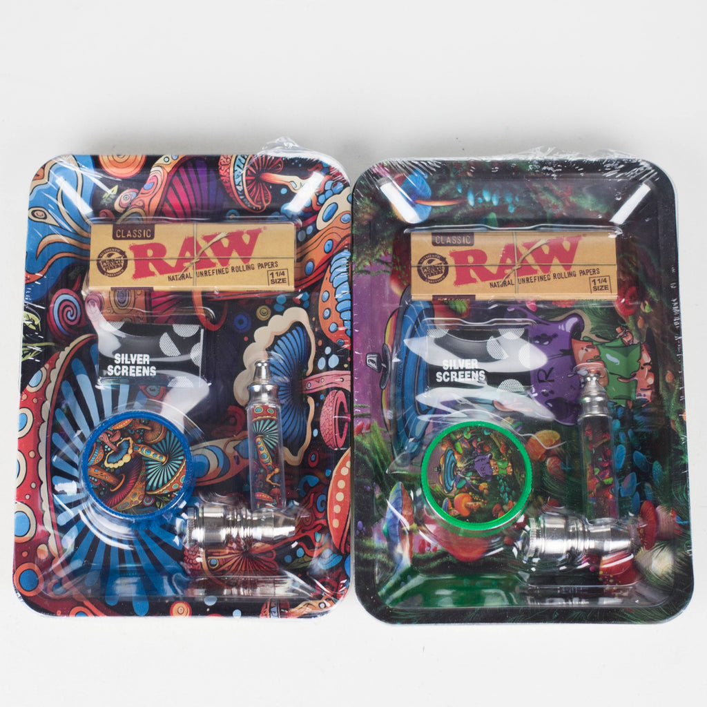 Z5-in-1 Magic Mushroom Metal Pipe Smoke Set – Grinder, Tray, Rolling Paper & More