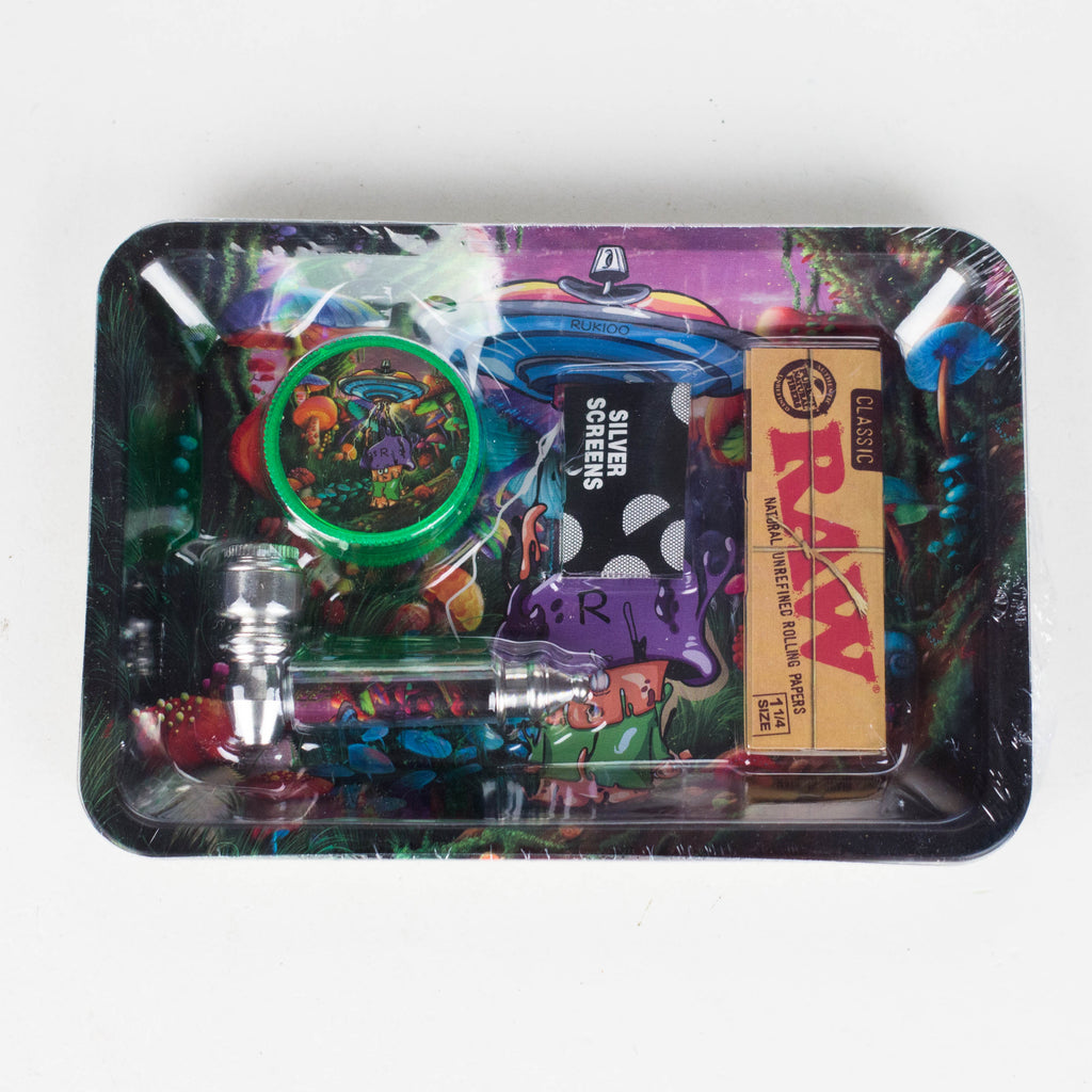 Z5-in-1 Magic Mushroom Metal Pipe Smoke Set – Grinder, Tray, Rolling Paper & More