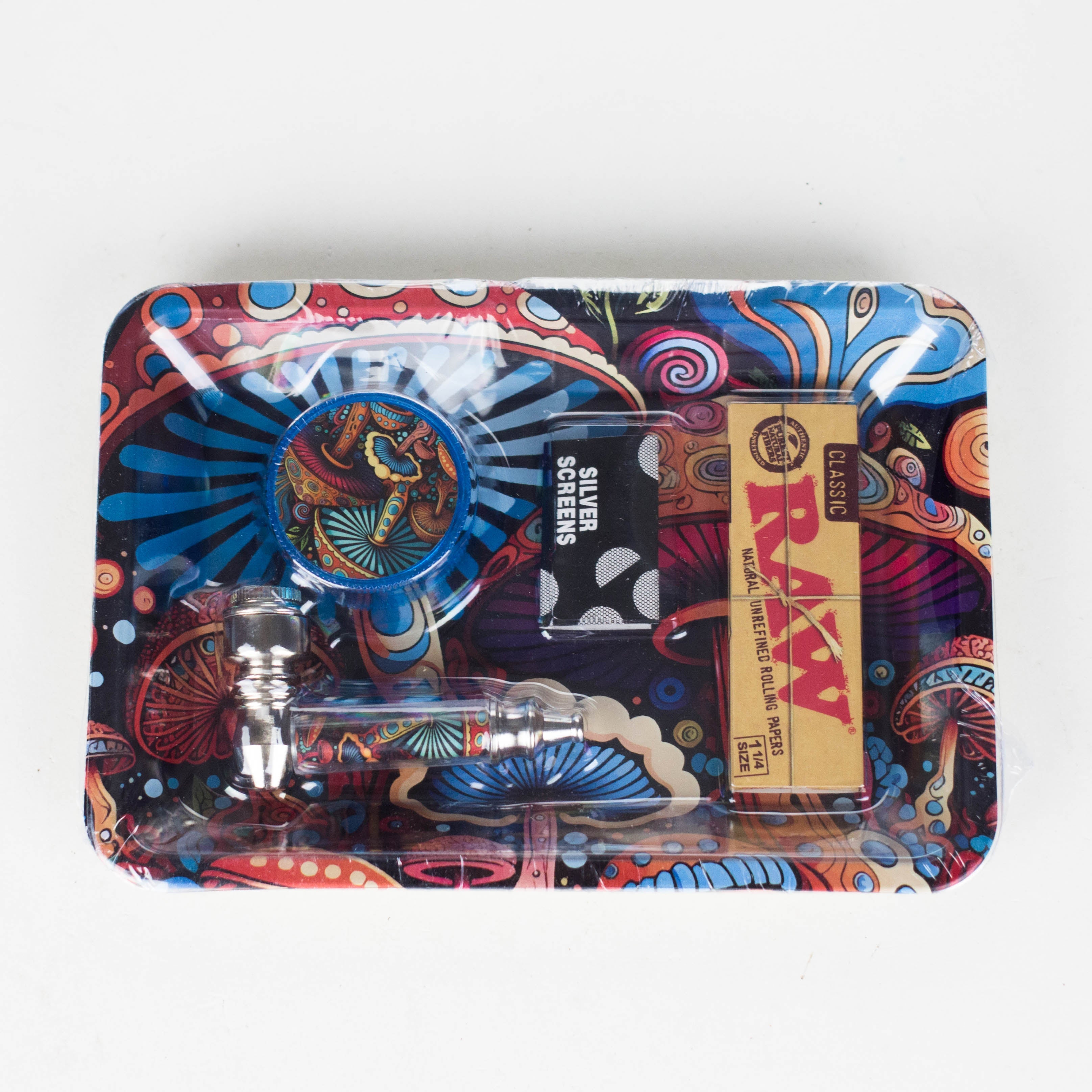 Z5-in-1 Magic Mushroom Metal Pipe Smoke Set – Grinder, Tray, Rolling Paper & More
