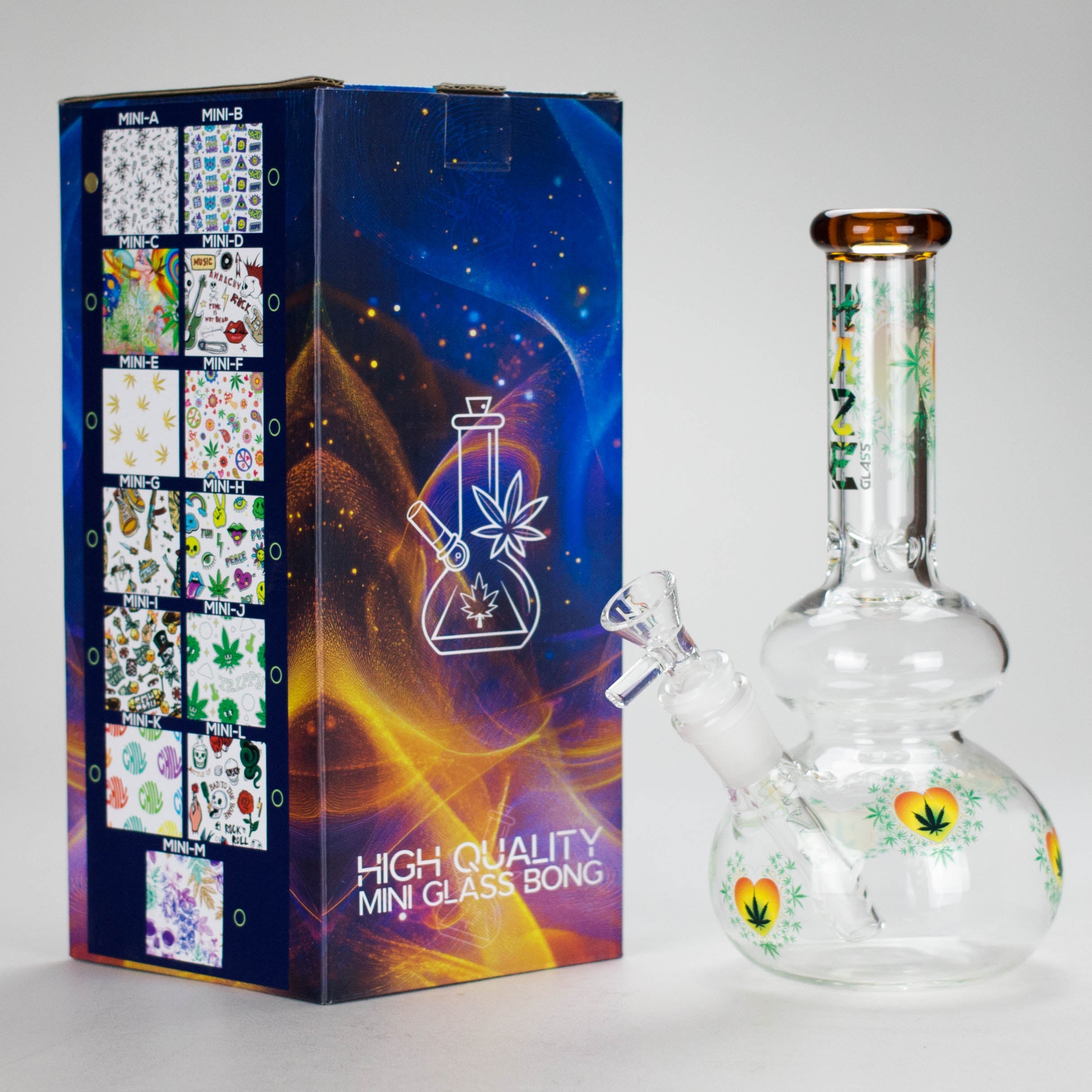 Haze | 9″ Heart Leaf Double Bubble Base Glass Bong with Color Lip – Amber (Mini-U)