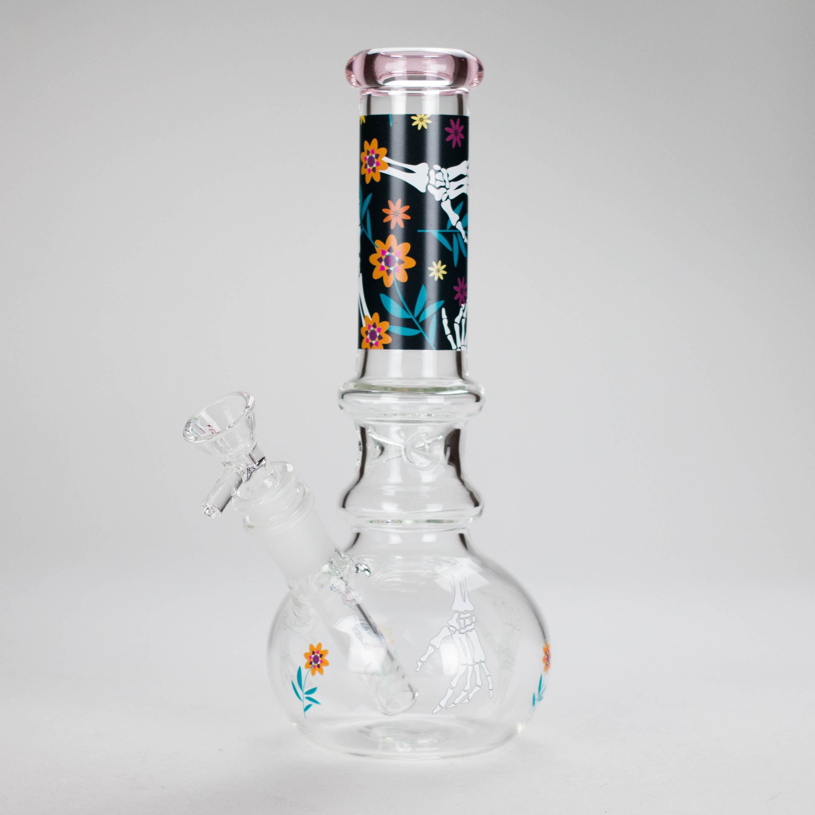 Haze | 9″ Skull Hand & Flower Bubble Base Glass Bong – Pink (Mini-V)