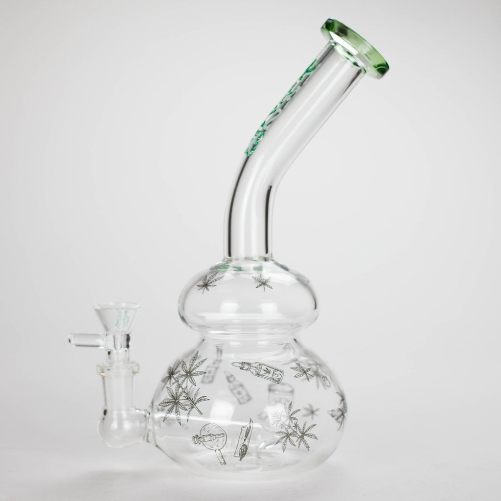 Haze | 9″ Bubble Base Glass Bong – Green Weed Leaf Design (Mini-A)
