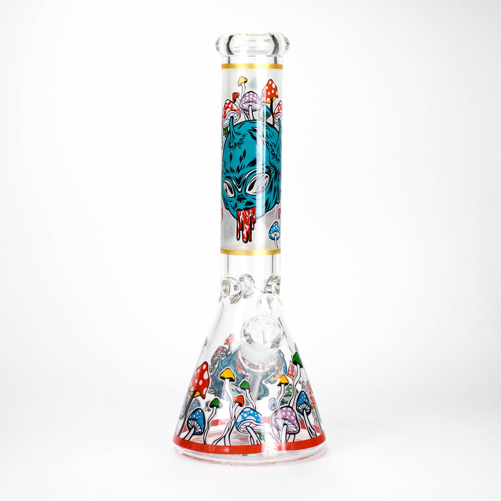 14" Mushroom Skull Design 7mm Thick Heavy Duty Glass Beaker Bong - Glow in the Dark