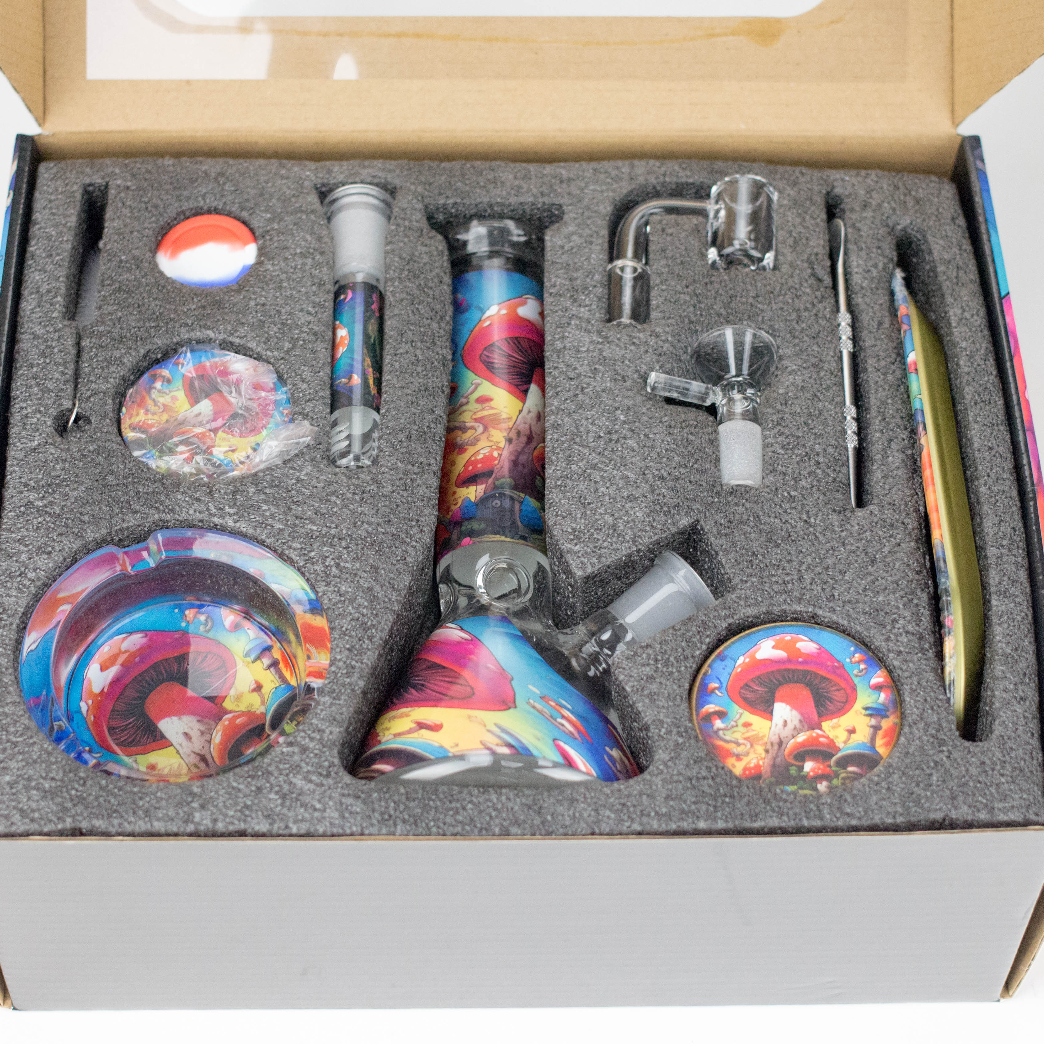 10-in-1 Mushroom Design Smoke Set Complete Smoking Kit with 8" Glass Bong