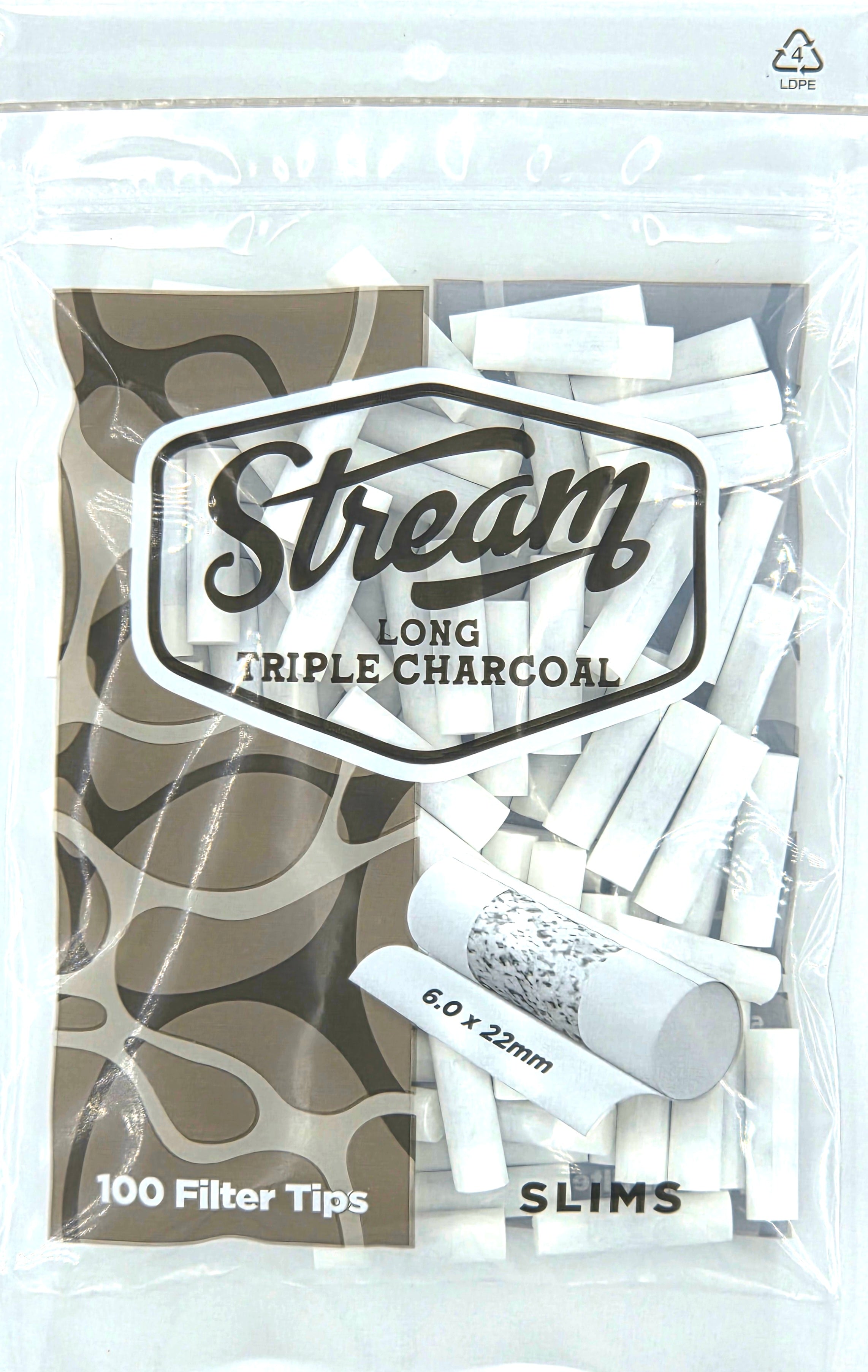 STREAM | Slims Long Triple Charcoal RYO Filters Display Carton - 10 Bags (Charcoal Type)