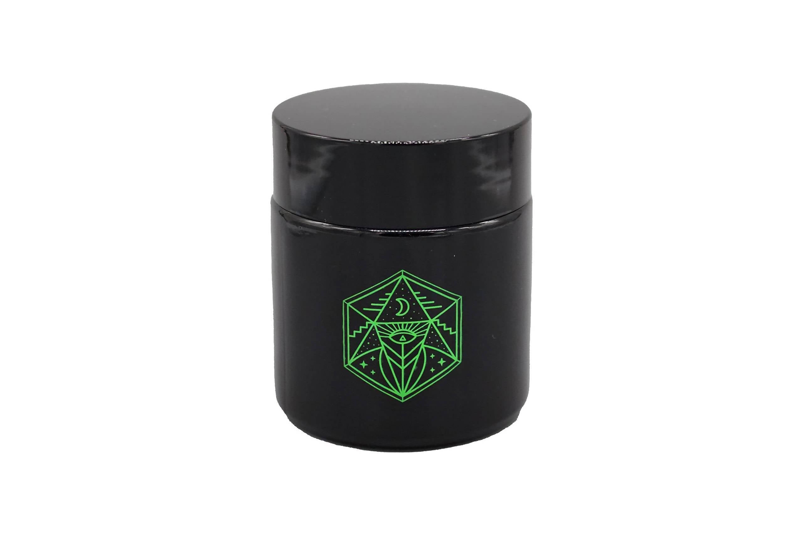 Small Glass Storage Jar and Lid - Real Printed Artwork - UV Protection - Helps Keep Goods Fresh with Light Protection- Tinted Black - 100 ml - Ancient Symbol Design - Accessories By Leaf-Way Brand