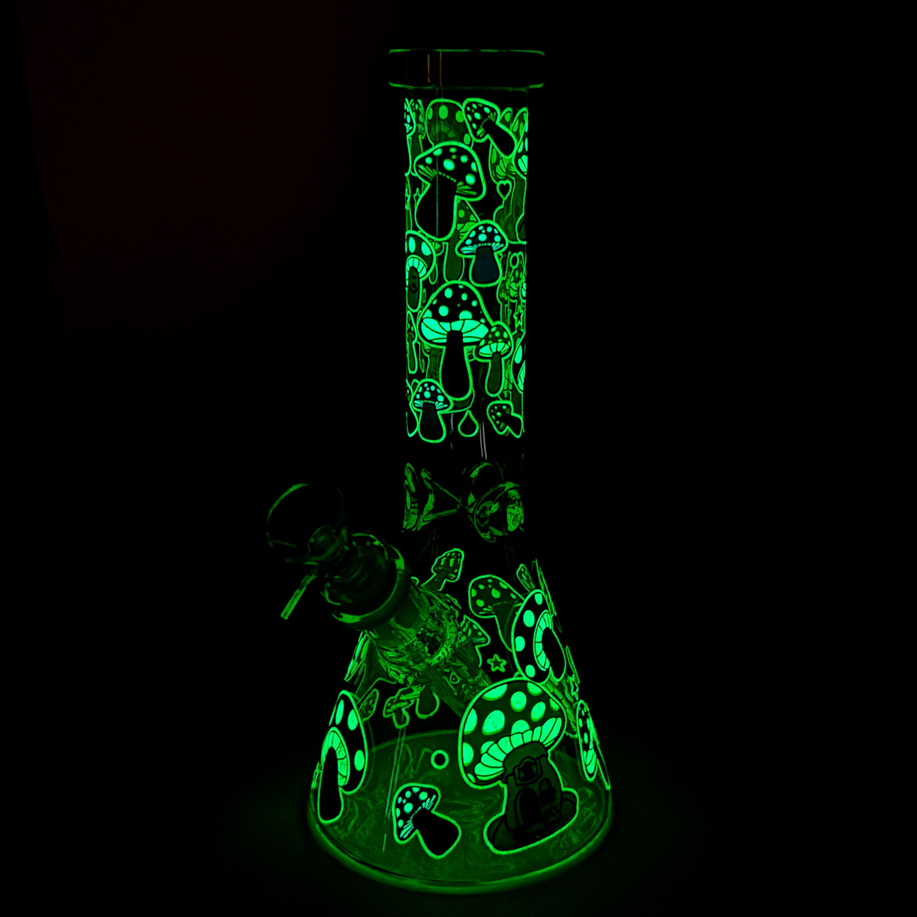 10" GlowShroom Glass Bong – 5mm Thick Glass, Glow-in-the-Dark Mushroom Design