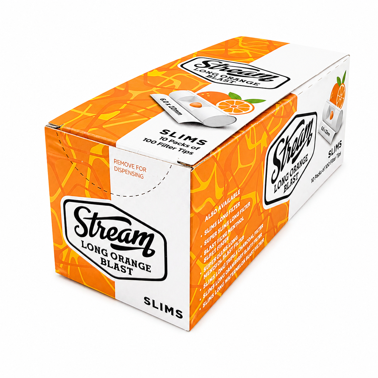 STREAM | Slims Long Orange Blast RYO Filters Display Carton - 10 Bags (Orange Capsule Type)