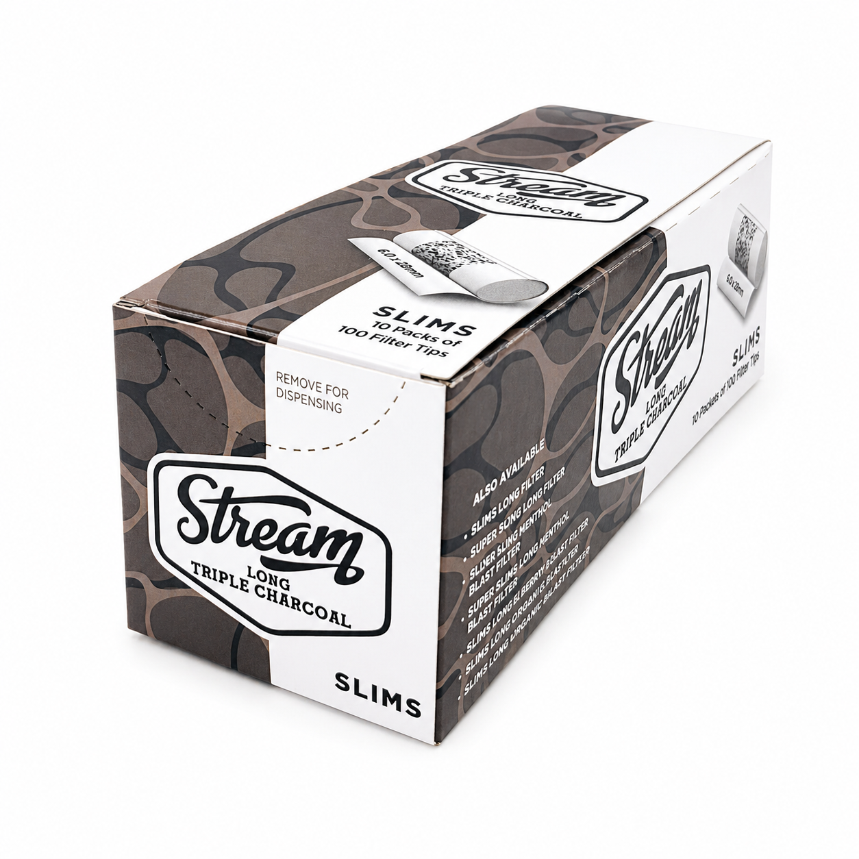 STREAM | Slims Long Triple Charcoal RYO Filters Display Carton - 10 Bags (Charcoal Type)