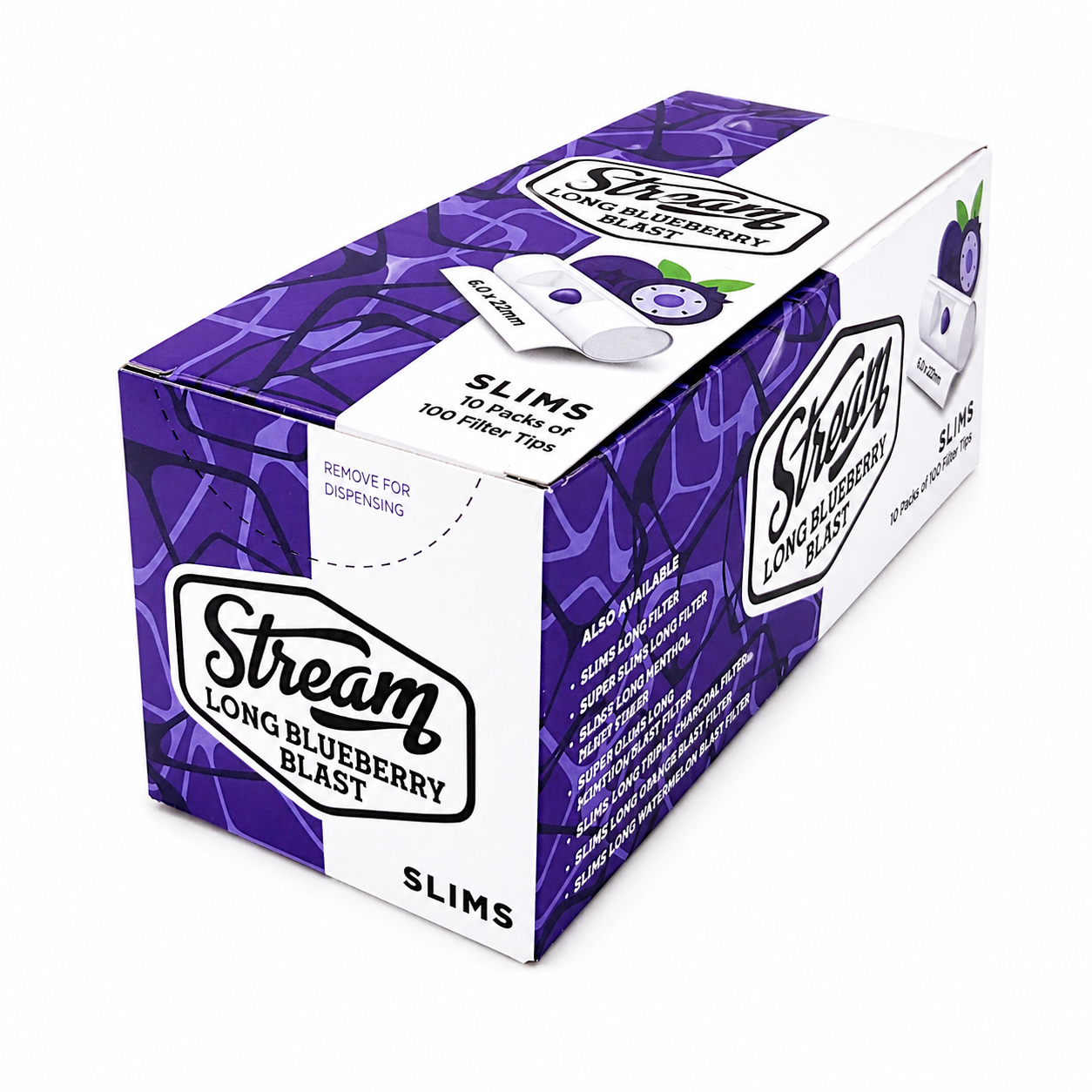 STREAM | Slims Long Blueberry Blast RYO Filters Display Carton - 10 Bags (Blueberry Capsule Type)