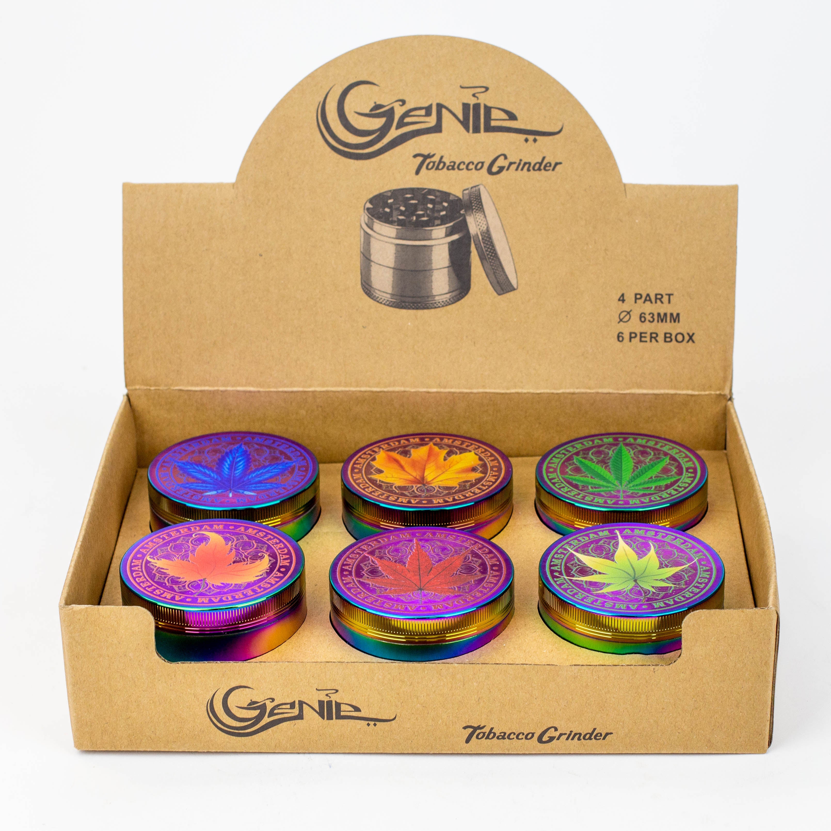 GENIE 4 parts 63 mm Leaf rainbow metal grinder Box of 6