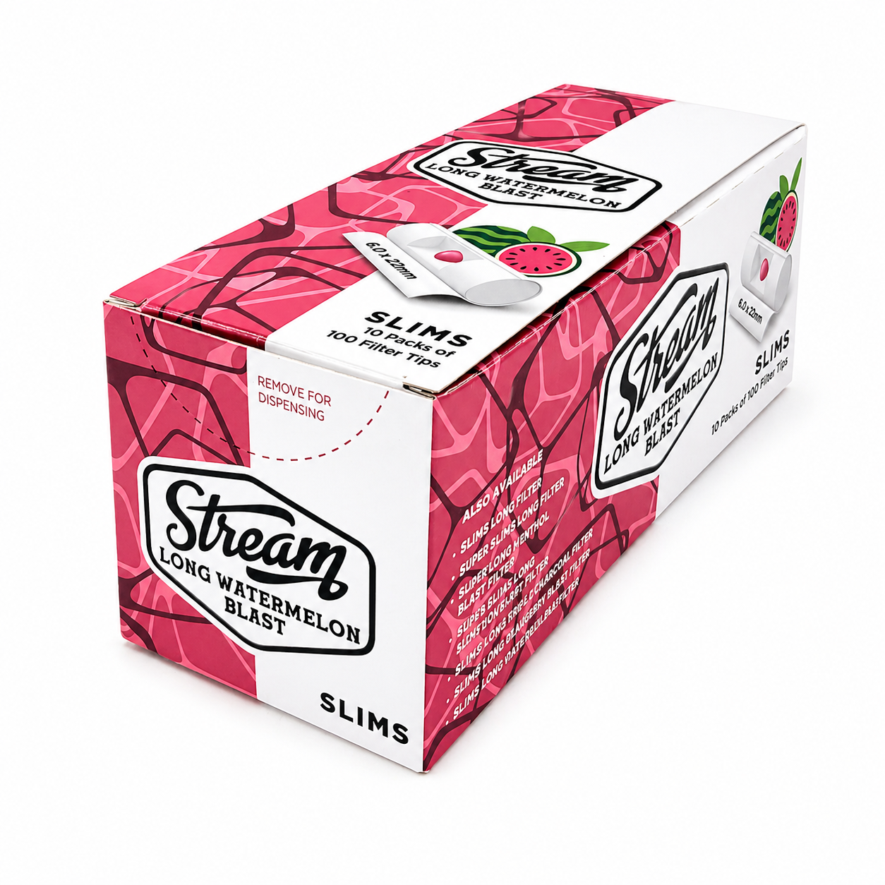 STREAM | Slims Long Watermelon Blast RYO Filters Display Carton - 10 Bags (Watermelon Capsule Type)