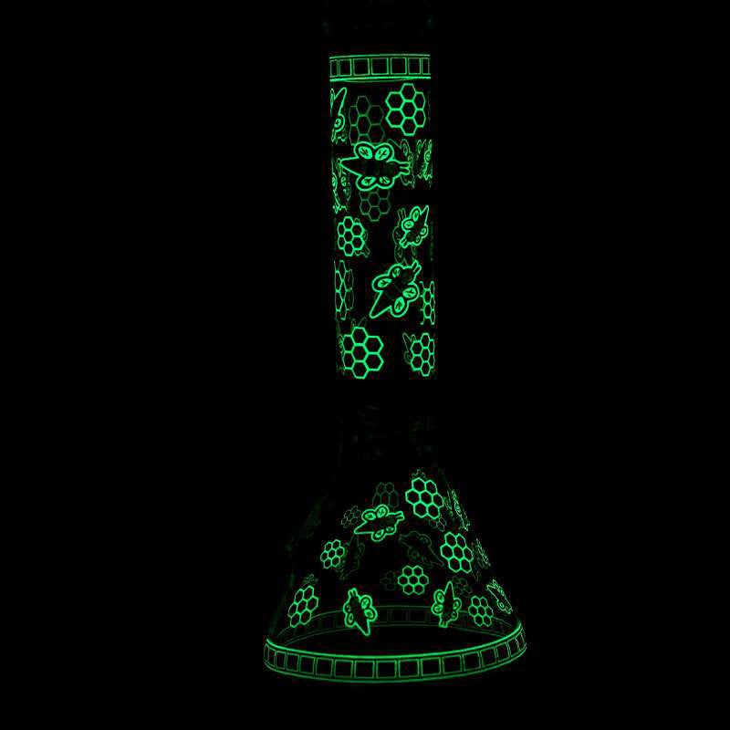 14" Honey Bee Glow-in-the-Dark Glass Beaker Bong – 7mm Thick  [A25]