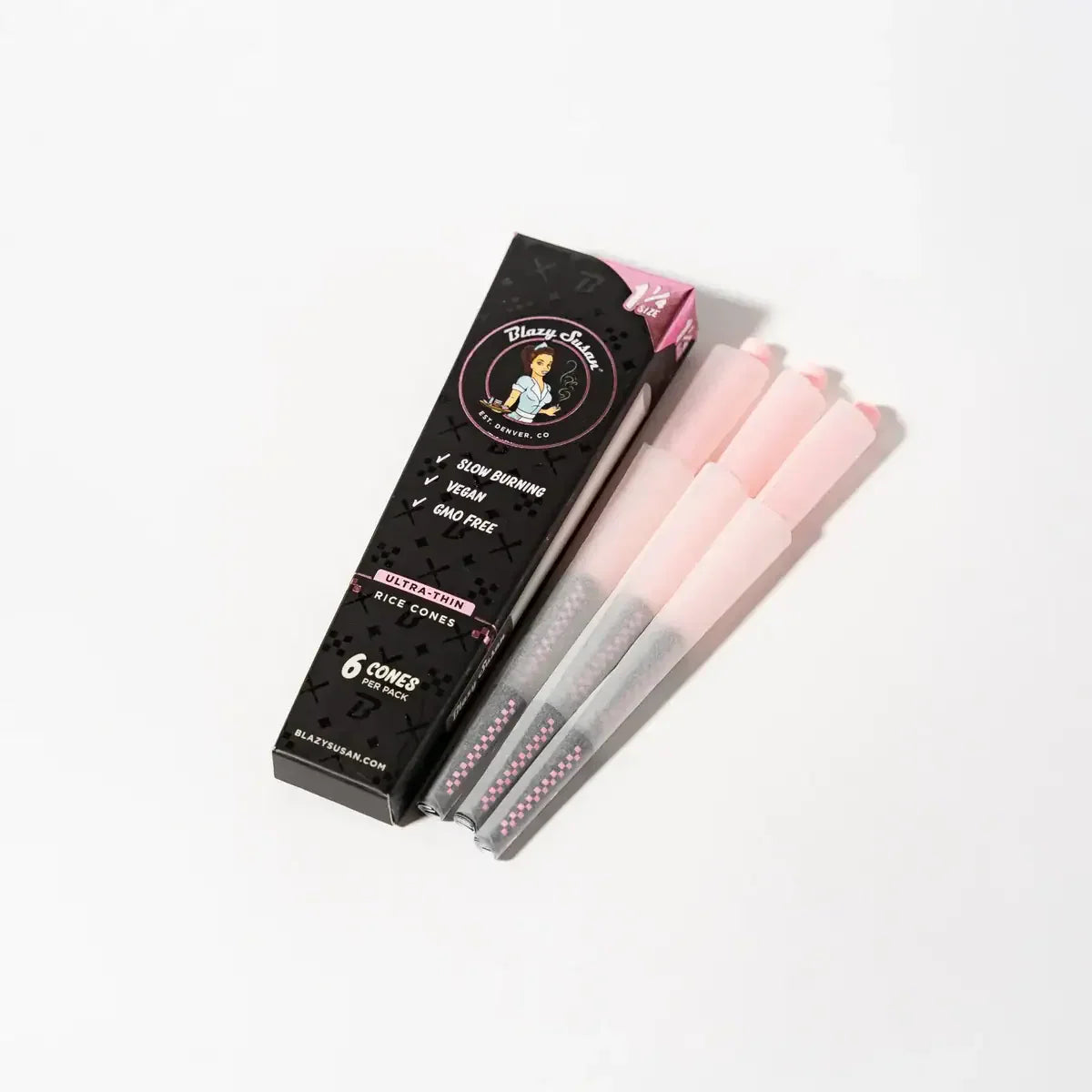 Blazy Susan | Ultra Thin Rice Pre-Rolled Cones – 1 ¼ Size (6 Count Pack)