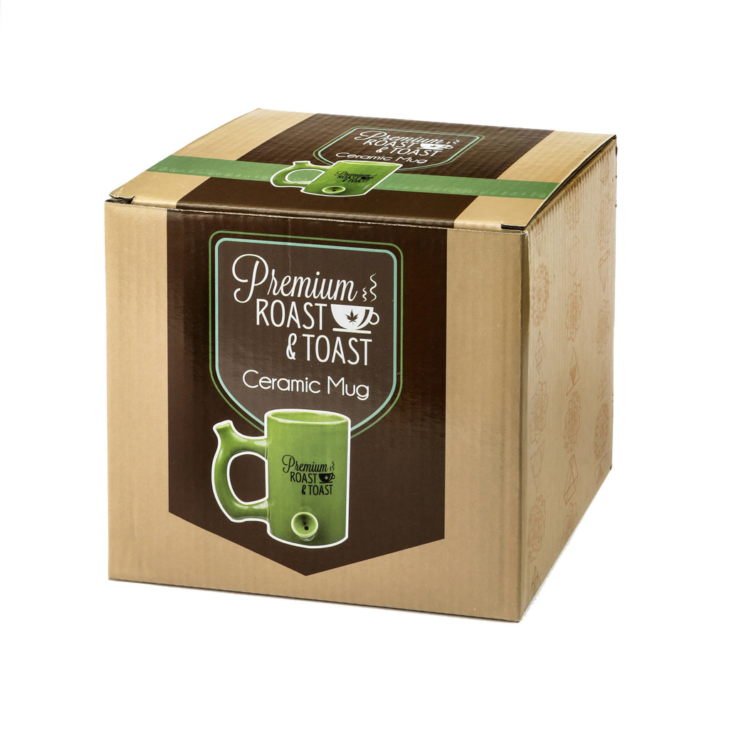 GREEN ROAST & TOAST PIPE MUG WITH BLACK PRINT