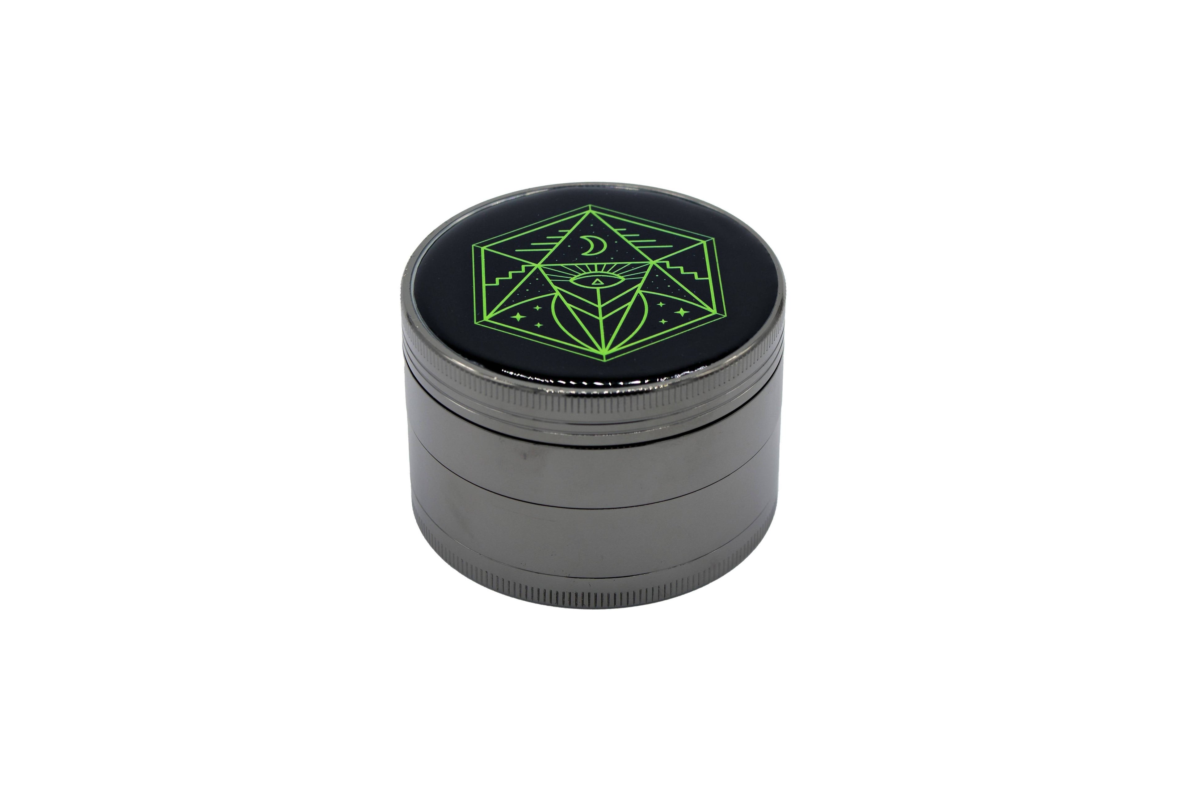 6.3 cm (2.5 inch) Spice Grinder, 4 Part, Vintage, Ancient Symbol Design, Magnetic Lid, Durable Zinc Alloy, Pollen Catcher - Leaf-Way Brand Accessories
