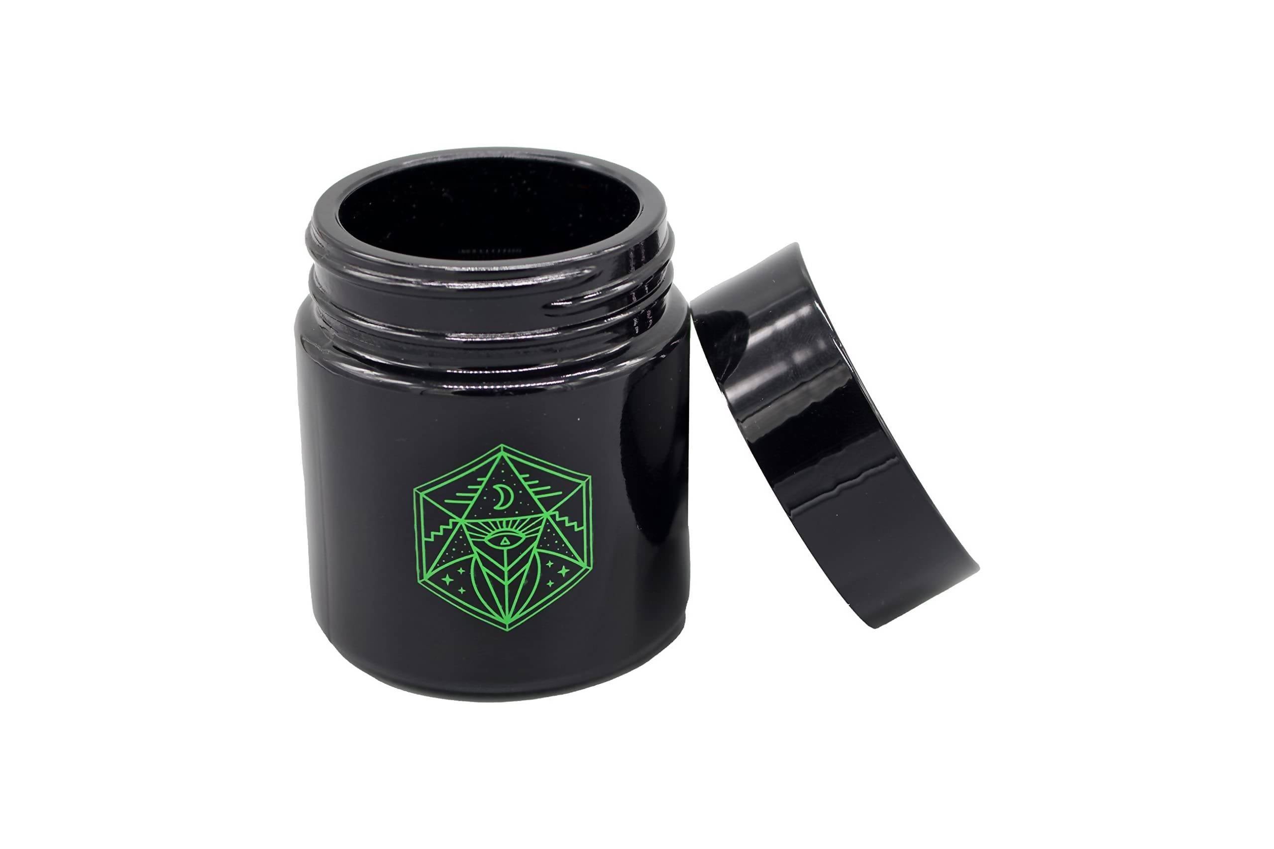 Small Glass Storage Jar and Lid - Real Printed Artwork - UV Protection - Helps Keep Goods Fresh with Light Protection- Tinted Black - 100 ml - Ancient Symbol Design - Accessories By Leaf-Way Brand