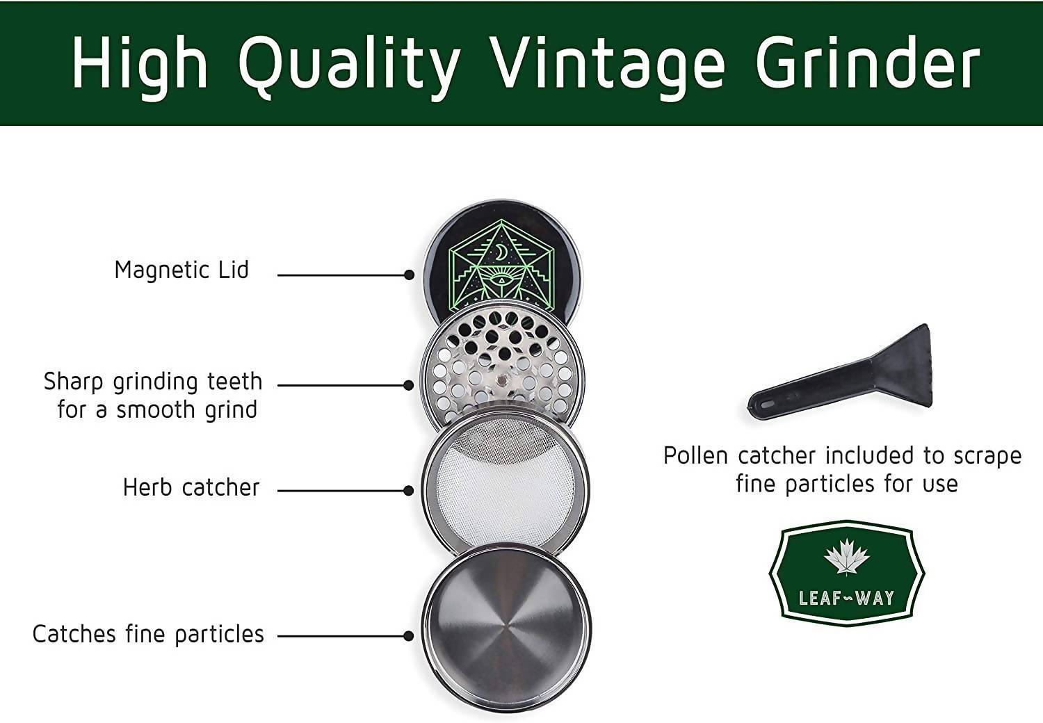 6.3 cm (2.5 inch) Spice Grinder, 4 Part, Vintage, Ancient Symbol Design, Magnetic Lid, Durable Zinc Alloy, Pollen Catcher - Leaf-Way Brand Accessories