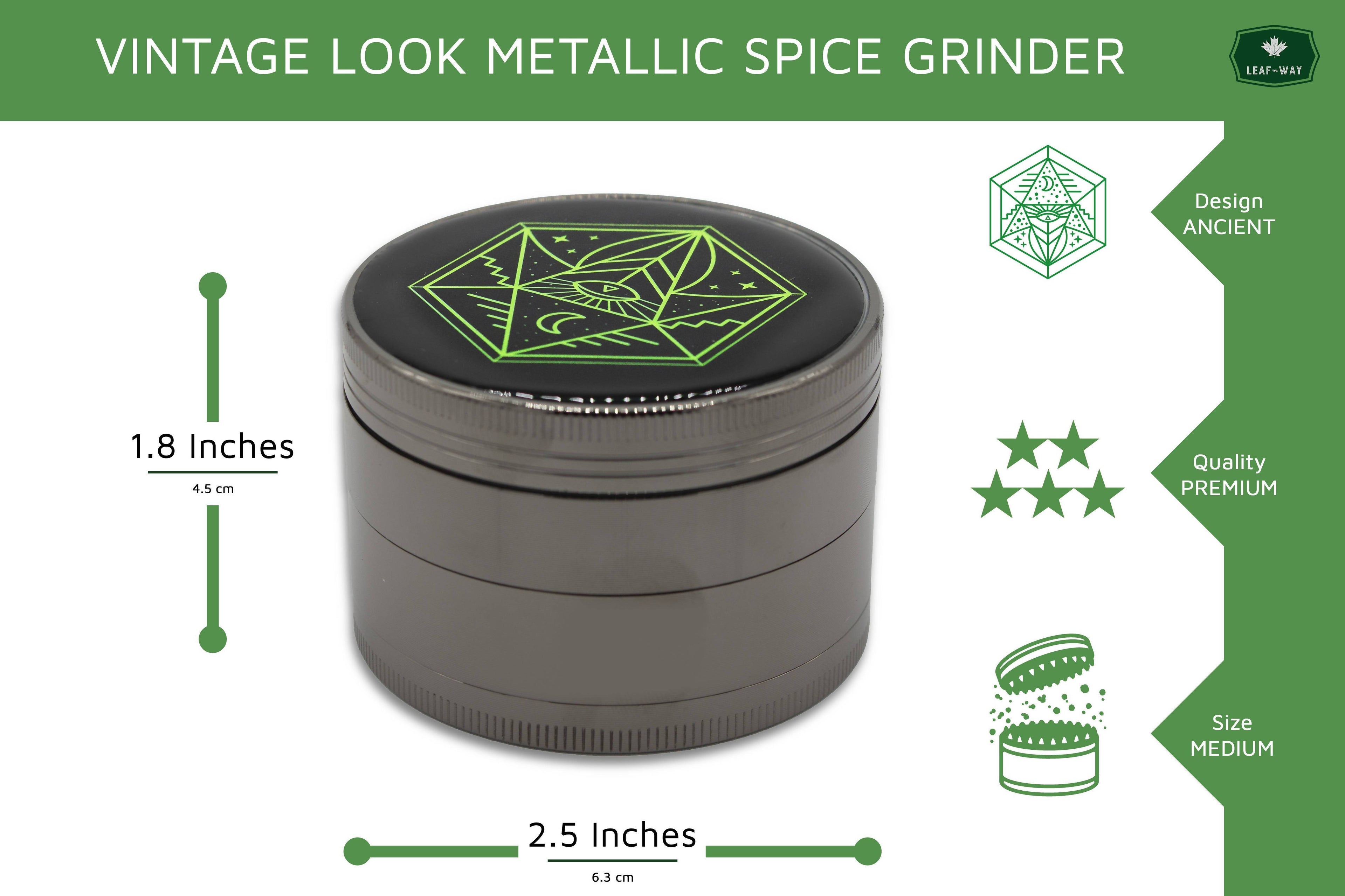 6.3 cm (2.5 inch) Spice Grinder, 4 Part, Vintage, Ancient Symbol Design, Magnetic Lid, Durable Zinc Alloy, Pollen Catcher - Leaf-Way Brand Accessories